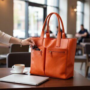 🧡 Neiman Marcus Orange Textured Tote Bag – Double Front Zip Pockets